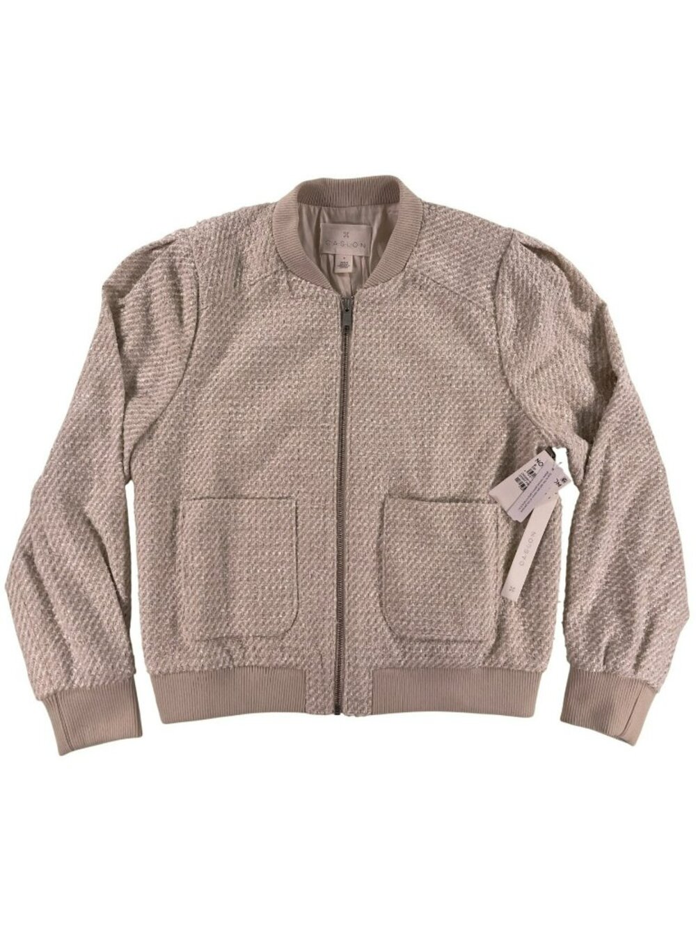 Caslon Ivory Pristine Textured Bomber Jacket Ribbed Trim Front Pockets Sz S NEW